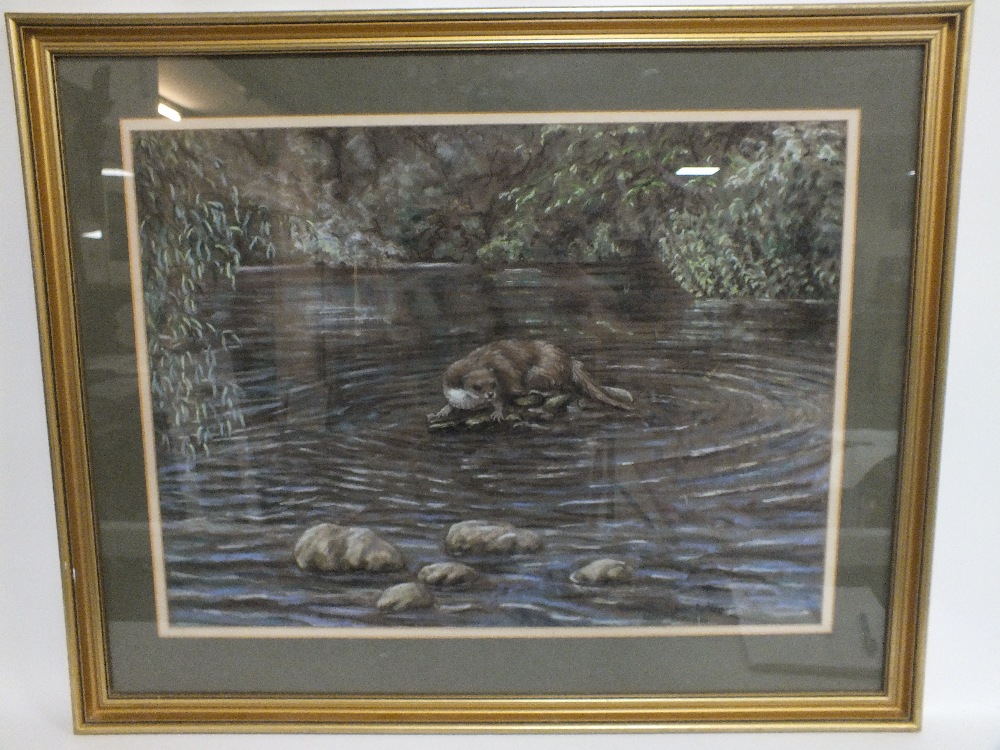 JOAN FIELDEN (XX). British school, wooded river scene with and otter sitting on rocks, singed - Image 2 of 3