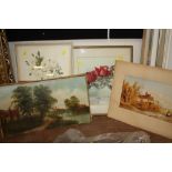 A COLLECTION OF PICTURES AND PRINTS TO INCLUDE A 19TH CENTURY OIL ON CANVAS, WATERCOLOUR BY CHRIS