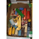 A BOX OF PLAY WORN DIE CAST TOY VEHICLES TO INCLUDE PRE-WAR DINKY EXAMPLES