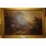 A 19TH CENTURY GILT FRAMED OIL ON CANVAS DEPICTING A RUSTIC COTTAGE SCENE INDISTINCTLY SIGNED