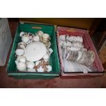 TWO TRAYS OF ASSORTED CUPS AND SAUCERS ETC TO INCLUDE WEDGWOOD