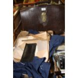 A VINTAGE LEATHER GLADSTONE STYLE BAG TOGETHER WITH A BOX OF CLOTHING ETC