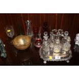 A SILVER PLATED GLASS BOTTLE CRUET SET TOGETHER WITH A COLLECTION OF GLASSWARE T INCLUDE CAITHNESS