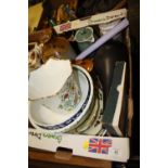 A TRAY OF ASSORTED CERAMICS TO INCLUDE AYNSLEY, STONEWARE ADVERTISING JUG, POOLE, PORTMEIRION, DENBY