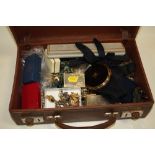 A VINTAGE CASE CONTAINING ASSORTED COSTUME JEWELLERY ETC