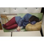 AN UNFRAMED OIL ON BOARD DEPICTING A SLEEPING LADY