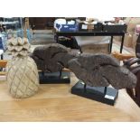 A PAIR OF DRIFTWOOD STYLE ORNAMENTS AND A DECORATIVE PINEAPPLE (3)