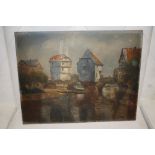 AN UNFRAMED OIL ON CANVAS LAID ON BOARD DEPICTING A RIVER SCENE SIGNED C. JANE