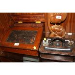 A VINTAGE MAHOGANY WRITING SLOPE TOGETHER WITH AN INLAID DESK STAND