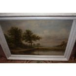 A FRAMED OIL ON CANVAS DEPICTING A RIVER SCENE WITH FIGURE CROSSING A BRIDGE SIGNED D HOWIS;