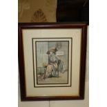 A FRAMED AND GLAZED COLOURED PRINT OF A SEATED LADY