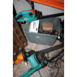 A BOX OF GARDEN TOOLS ETC TO INCLUDE AN ELECTRIC CHAINSAW AND HEDGE TRIMMERS ETC