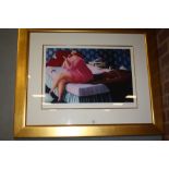 A LARGE MODERN GILT FRAMED SURREALIST SIGNED LIMITED EDITION PRINT ENTITLED SLAPPED AND TICKLED BY