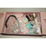 A BOX OF MODERN COSTUME JEWELLERY AND WATCHES ETC