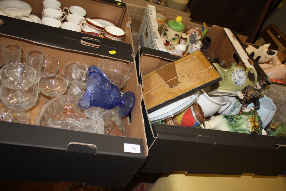 TWO TRAYS OF ASSORTED CERAMICS TO INCLUDE WADE, DOGS OF FO ETC TOGETHER WITH A TRAY OF GLASSWARE