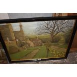 A FRAMED OIL ON BOARD OF A COUNTRY COTTAGE SCENE SIGNED L LARKIN