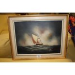A GILT FRAMED OIL ON CANVAS DEPICTING A SAIL BOAT IN CHOPPY SEAS SIGNED MARCHINGTON