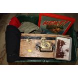 A BOX OF VINTAGE MILITARIA ETC