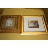 A MODERN FRAMED AND GLAZED SARAH JANE SZIKORA PRINT WITH SIGNATURE VERSO TOGETHER WITH A GILT FRAMED