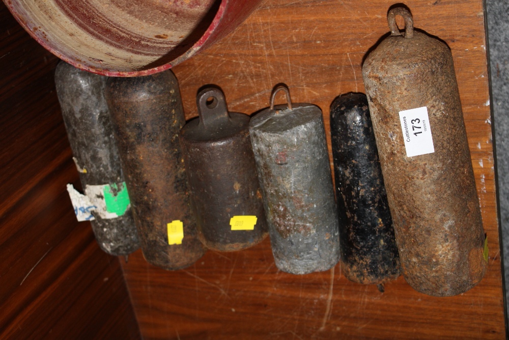 SIX ASSORTED LEAD LONG CASED CLOCK WEIGHTS