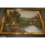 A LARGE GILT FRAMED OIL ON CANVAS DEPICTING A RIVER SCENE TOGETHER WITH THREE GILT FRAMED PRINTS