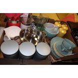 TWO TRAYS OF MODERN EX SHOW HOME KITCHENALIA TO INCLUDE STORAGE JARS, CUTLERY ETC