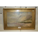 A FRAMED AND GLAZED WATERCOLOUR DEPICTING A COASTAL SCENE