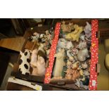 TWO TRAYS OF ASSORTED CERAMIC AND RESIN PIG FIGURES, PIGGY BANKS ETC