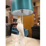 A MODERN WHITE PARROT / COCKATIEL STYLE TABLE LAMP AND SHADE