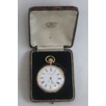 AN 18 CT GOLD POCKET WATCH CENTRE SWEEP MOVEMENT, white enamel dial, with black Roman numeral