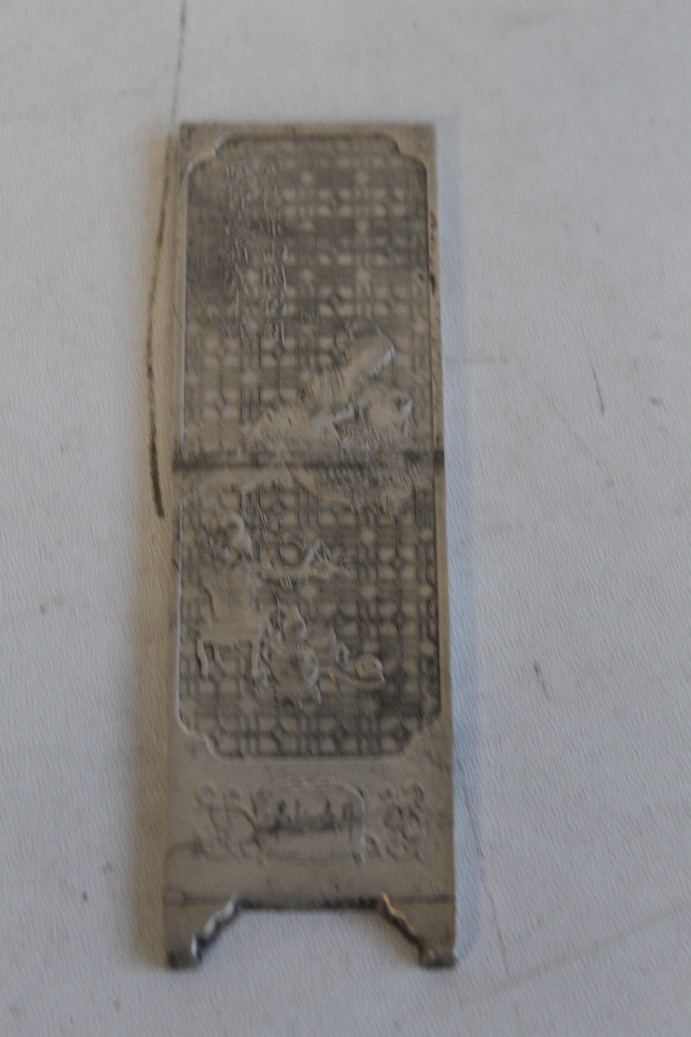 FOUR CHINESE WHITE METAL INGOT PLAQUES, decorated with various scenes 14.5 cm x 4.5 cm - Image 5 of 6