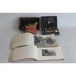 AN ANTIQUE SKETCH BOOK, mainly pencil drawings and a quantity of artist supplies and a copy of "