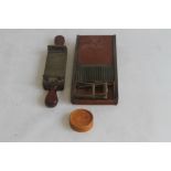 A VICTORIAN BRASS AND MAHOGANY PILL MAKER, a pill polisher, and a small adjustable brass stand