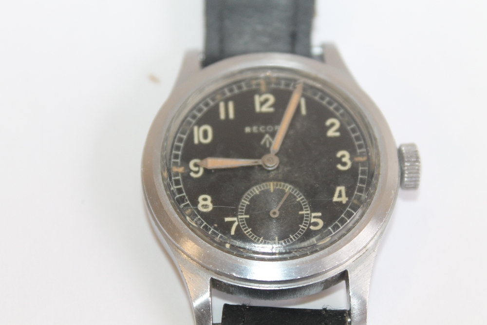 W.W.W. WWII "RECORD" MILITARY WRIST WATCH, with black dial and engraved case markings - Image 2 of 8