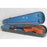 A TWO PIECE BACK VIOLIN IN CASE WITH BOW, (no internal label) the back of the violin 37 cm the