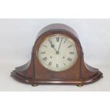A MAHOGANY CASED MANTEL CLOCK, case marked "X.L, British Manufacture", silvered dial with Roman