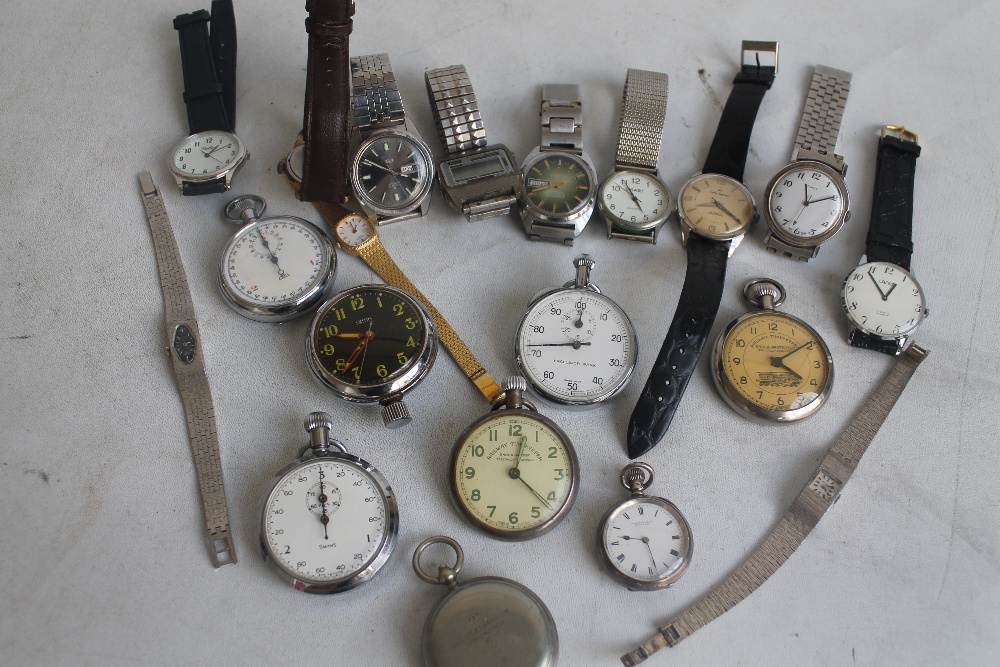 A BOX OF ASSORTED WRIST AND POCKET WATCHES, to include a Smith's Imperial, Smith's Astral etc