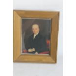 A 19TH CENTURY HALF LENGTH PORTRAIT OF A GENTLEMAN, painted on board 29 cm x 34.5 cm (including