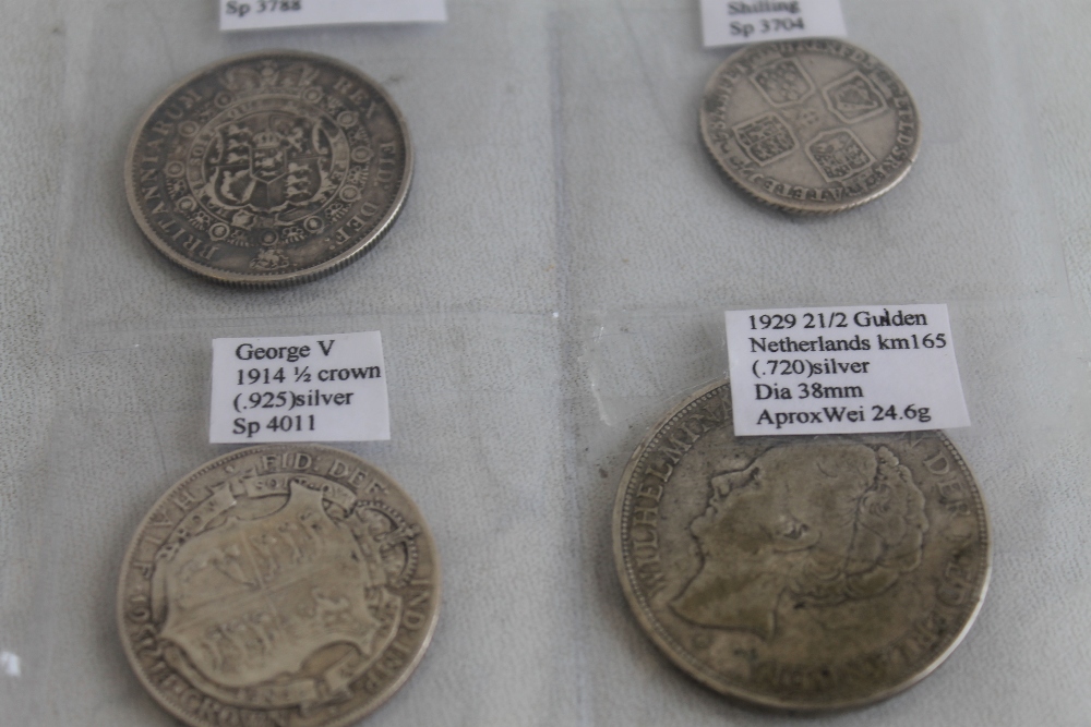 A SMALL COLLECTION OF COINS TO INCLUDE, a George II 1758 shilling, George III 1816 half crown,