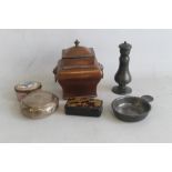 A SMALL BOX OF COLLECTABLES to include silver snuff box, Limoges trinket box, pewter pepperette