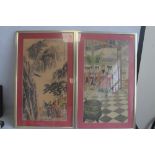 TWO FRAMED AND GLAZED CHINESE PICTURES ON PAPER, one depicting an Emperor in Palace with female