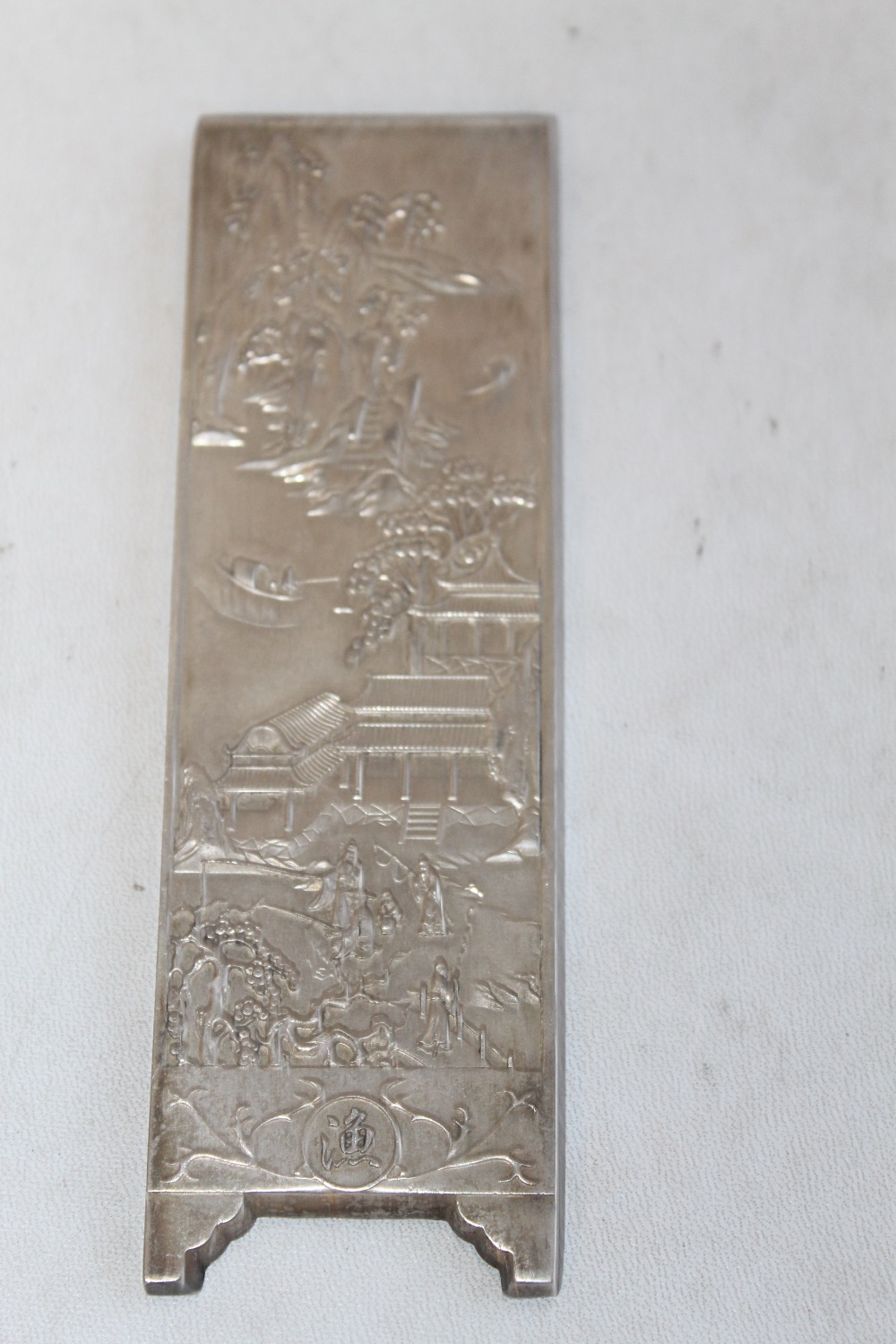 FOUR CHINESE WHITE METAL INGOT PLAQUES, decorated with various scenes 14.5 cm x 4.5 cm - Image 4 of 6