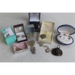 A QUANTITY OF SILVER JEWELLERY, to include a Mackintosh design pendant, and a silver fob watch A/F