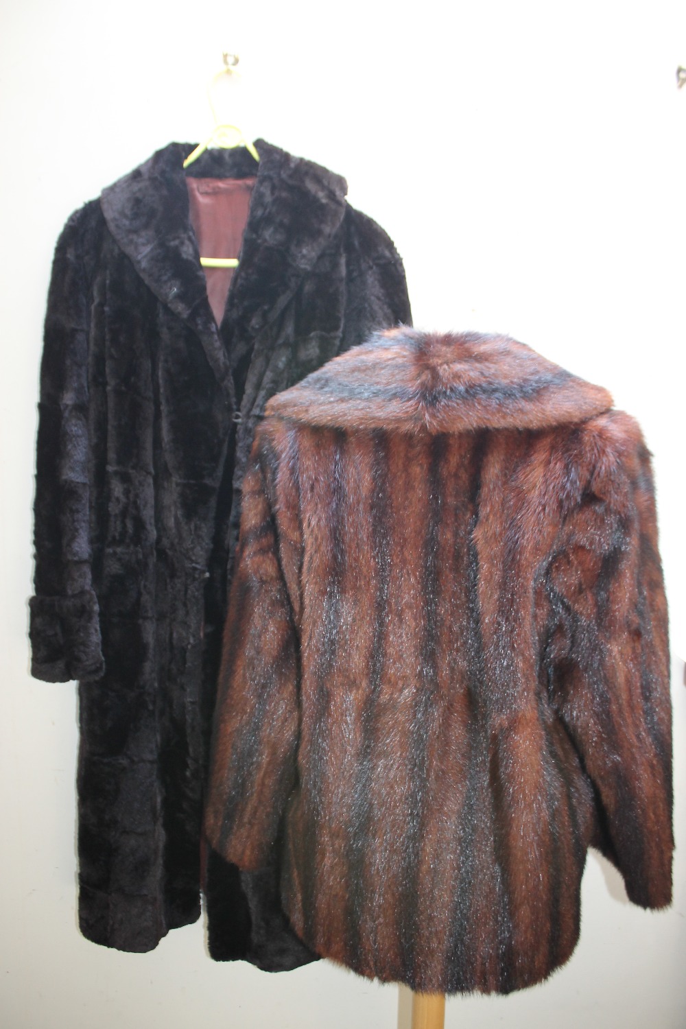 TWO LADIES VINTAGE REAL FUR COATS, comprising a short musquash striped brown jacket and a black - Image 2 of 4
