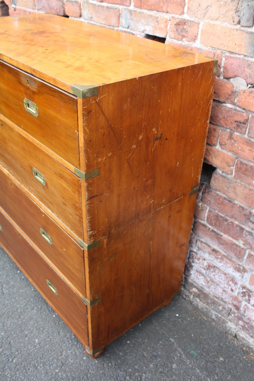 A 19TH CENTURY HARDWOOD CAMPAIGN CHEST, typically split in two parts, having inset brass handles, - Image 4 of 11