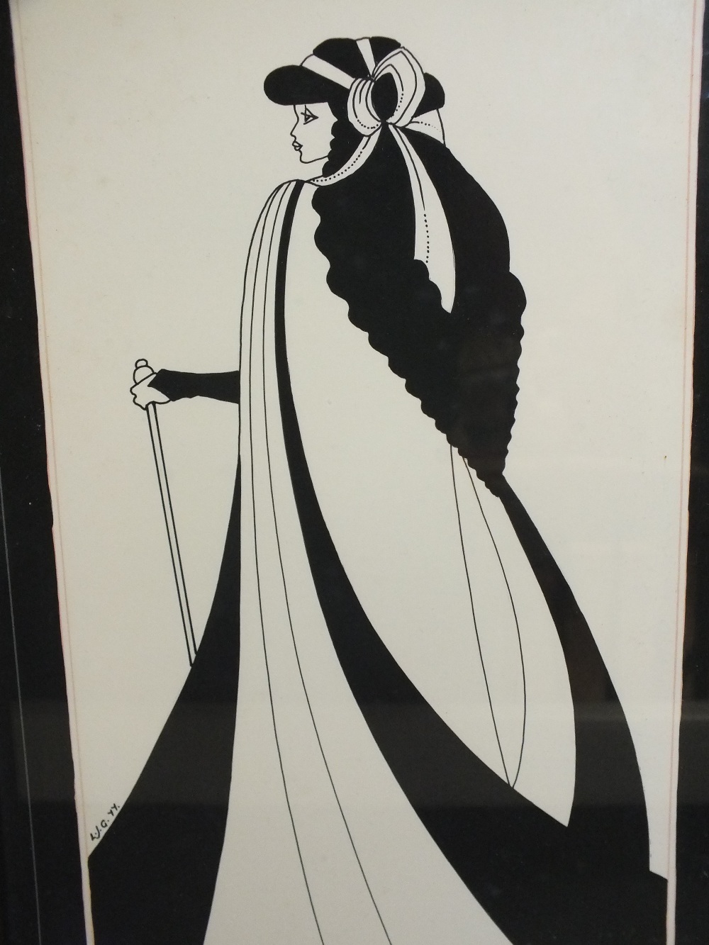 L.J.G. A pair of Art Deco style portrait studies of stylized women in elegant dress, one signed - Image 2 of 4