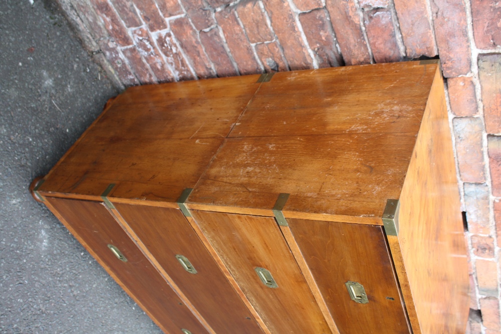 A 19TH CENTURY HARDWOOD CAMPAIGN CHEST, typically split in two parts, having inset brass handles, - Image 3 of 11