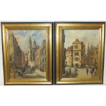 (XX). Continental school, a pair of school town scenes with figures, one signed and dated 1991 lower