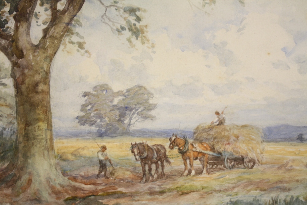 FREDERICK JAMES KNOWLES (1831-1908). Circular wooded landscape with haycart, figures and horses by a
