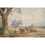 FREDERICK JAMES KNOWLES (1831-1908). Circular wooded landscape with haycart, figures and horses by a